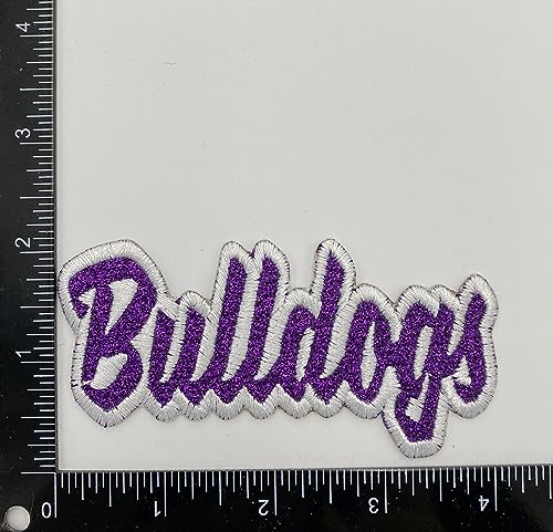Embroidered Bulldogs Mascot Team Name Patch - Purple Glitter/White Outline