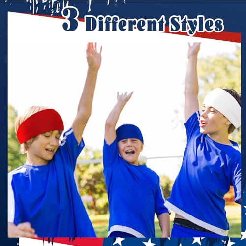 Deekin Kids' Sports Sweatbands 6-Pack - Red, White & Blue Breathable Headbands for Youth Athletic Activities (Ages 5-15)