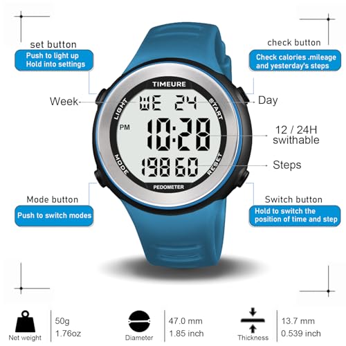 Pedometer Watch for Walking - No Charging, EL Backlight - Black