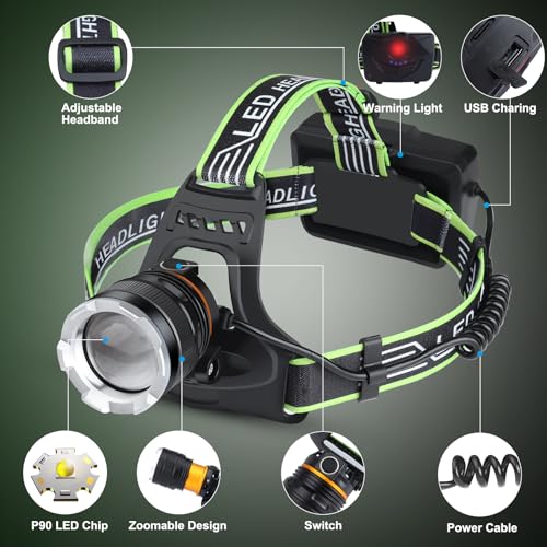 Aikertec Green Rechargeable Headlamp 1500m 8 Modes IPX7, Zoomable USB-C