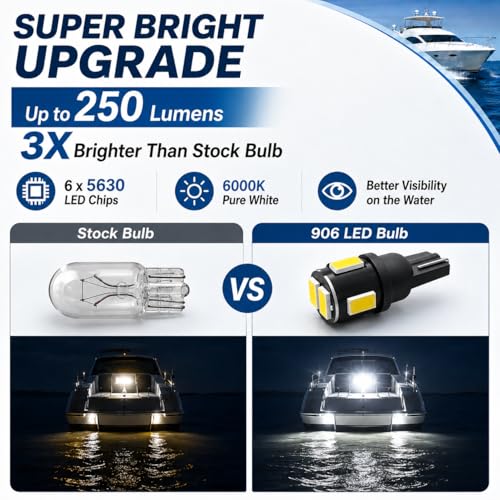906 LED Boat Bulbs - T10 Wedge Base, 12V White 6000K, Pack of 4