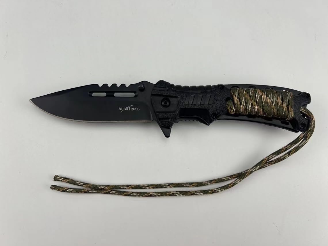 ALBATROSS Camping Pocket Knife - 3.5" Black Blade, 4.75" Handle, Built-in Fire Starter & Whistle | EDC Tool (Green)