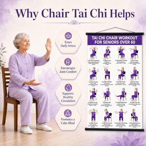 Tai Chi Chair Workout Chart for Seniors - 16 Movements - Purple