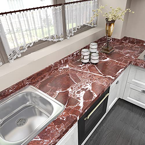 Burgeliy Self Adhesive Film15.8¡¿80in Vinyl Wrap Protector Auto Modification Film red Marble Shiny for Bathroom£¬Kitchen Countertops Table Desk Furniture Peel and Stick Waterproof Wallpaper Easy Clean