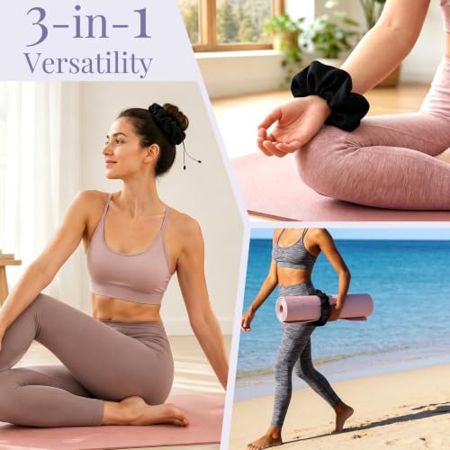 Adjustable Yoga Mat Scrunchie - Black Elastic Mat Strap & Hair Tie