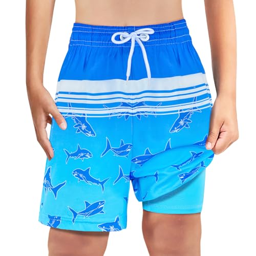 Boys Swim Trunks with Boxer Brief Liner - Shark, 7 Years