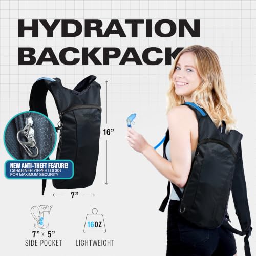 Hydration Backpack with 2L Bladder - Black Solid - Lightweight Water Pack for Festivals, Hiking, Running, Biking