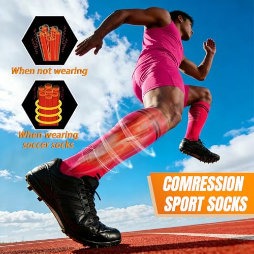 Kids and Adults Soccer Socks 3 Pack Over Calf Athletic Football Sport Socks - Hot Pink Medium