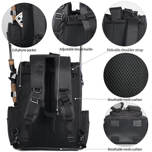 LEOMOO 40L Fishing Tackle Backpack with Rod Holders, Large Camping & Hiking Storage, Black - 4 Tackle Boxes Not Included
