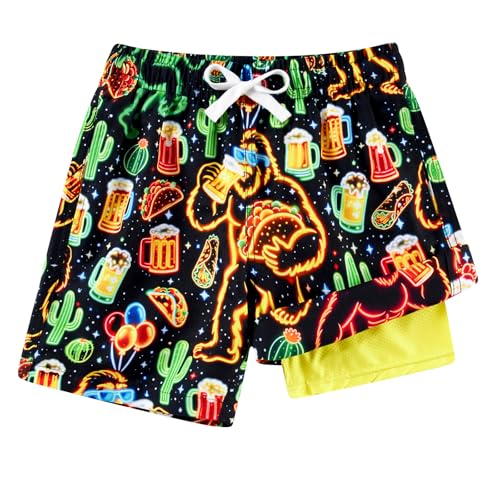 Boys Swim Trunks with Compression Liner - Neon Happy Gorilla, 10-12 Years