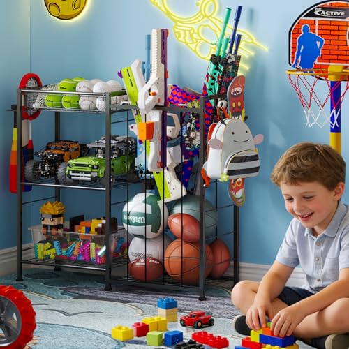 Sports Equipment Organizer with Elastic Straps and Removable Basket