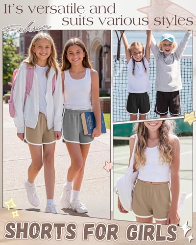 Girls Athletic Shorts - 3 Pack, Khaki + Light Heather Gray + Black, 11-12 Years