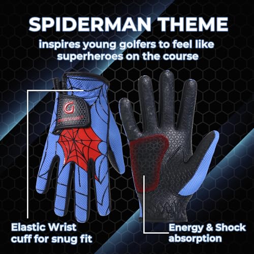 AIGEVTURE Kids Golf Gloves Left Hand Blue & Black M (Ages 5-7) - Youth Superhero Grip, Breathable & Durable Golf Accessory