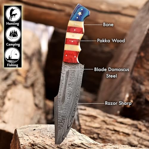 12 Inch Damascus Steel Fixed Blade Hunting Knife with Leather Sheath and American Flag Handle