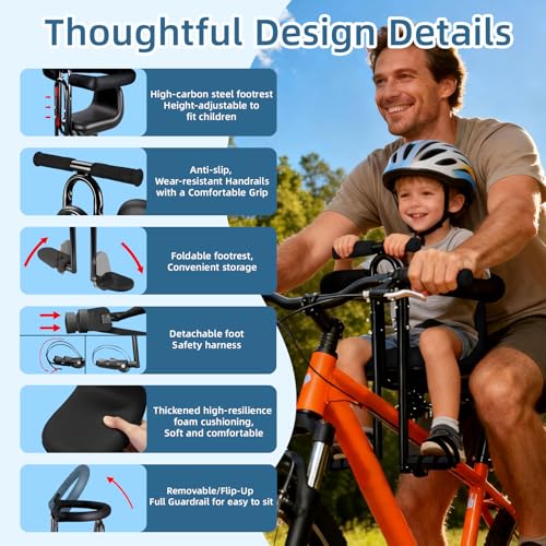 Front Mounted Child Bike Seat - Interactive Toddler Carrier with Guardrail, Adjustable Footrests, Black