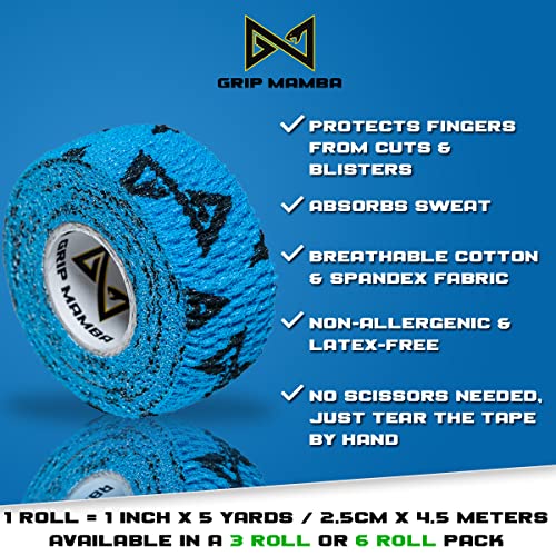 GRIP MAMBA Elastic Finger Tape - 6 Blue Rolls for Sports & Grip Enhancement