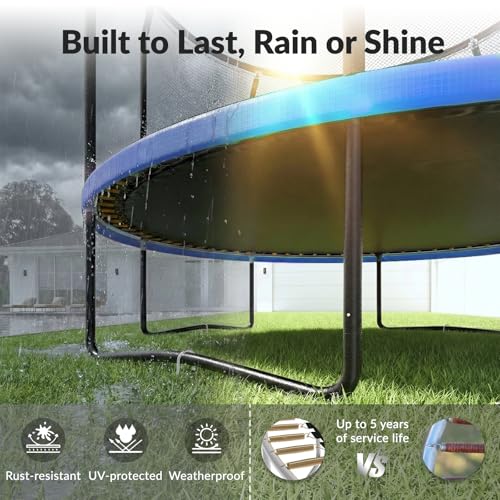 14FT Outdoor Trampoline with Net, Basketball Hoop & LED Lights - Blue