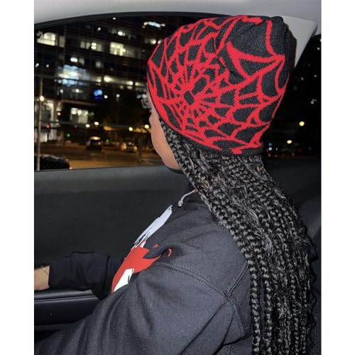 Y2K Spider Beanie Hat - Wool Acrylic Knit Skull Cap - One Size Spider-Black Red