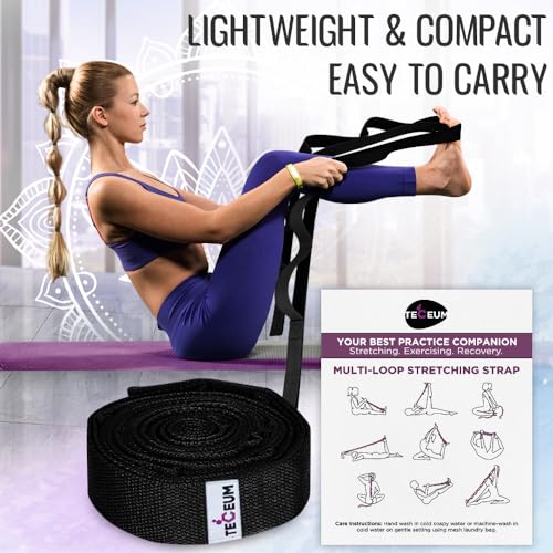 Stretching Strap with 10 Loops for Physical Therapy & Yoga - Black, 1" Wide
