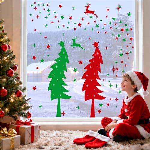 Large Christmas Tree Wall Stickers Vinyl Red Green Pine Tree Wall Decals Peel and Stick Stars Xmas Trees Stickers Removable Christmas Windows Walls Decorations Winter Holiday Party Supplies