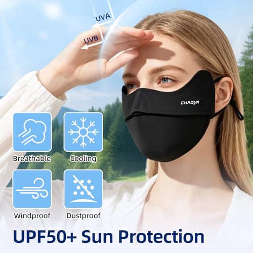 UPF 50+ UV Sun Protection Face Mask - Black, Breathable Cooling Cover