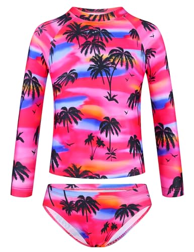Girls Long Sleeve Rash Guard Swimsuit Set UPF 50+ - Coconut Tree, 9-10 Years
