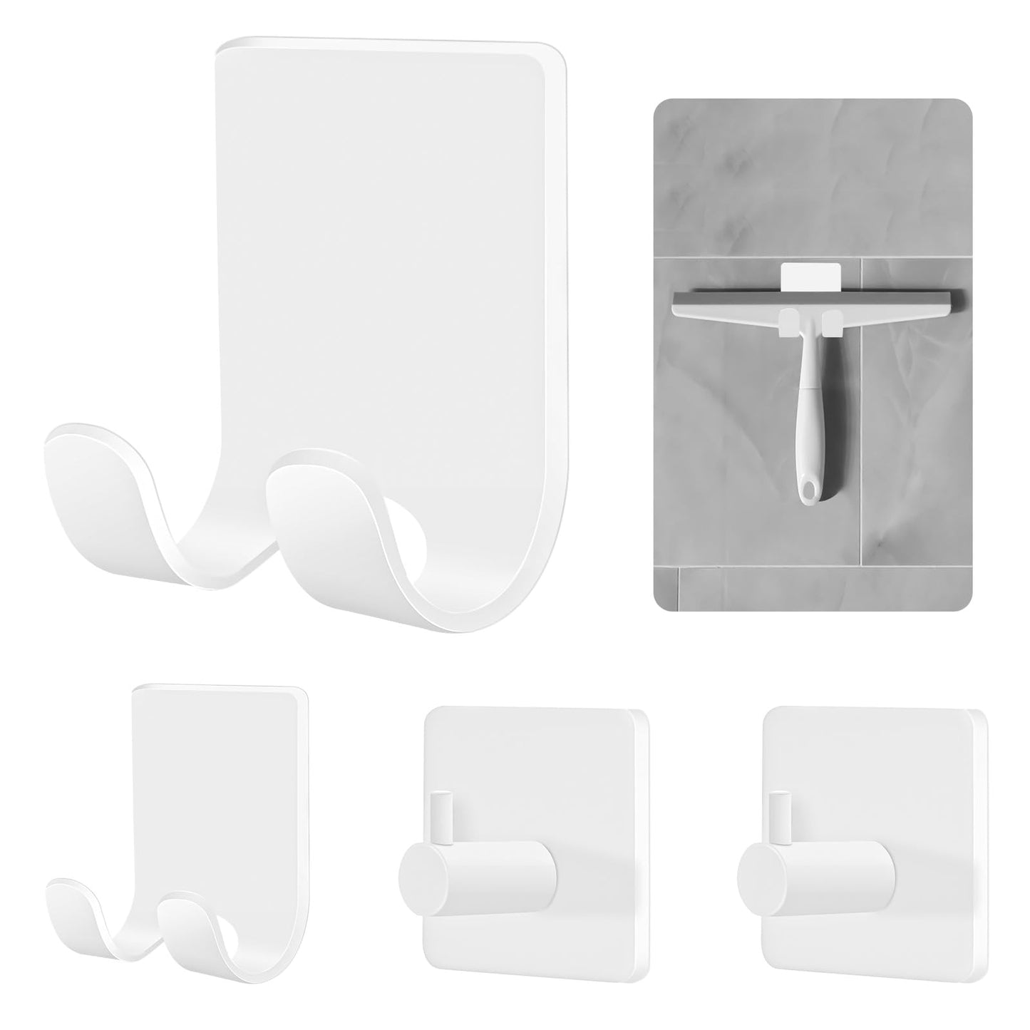 CGBE 4 Pack Shower Hooks - Self Adhesive Shaver Holder Hanger for Bathroom, Damage Free Wall Hooks for Razor, Loofah Sponge - White