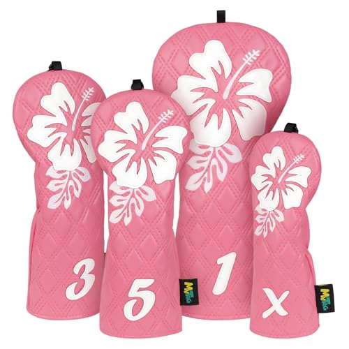 Pink Golf Club Head Covers 4 Pack Set with Hibiscus Flowers for Women - Mytag