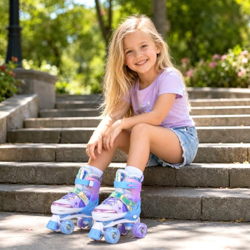 Light Up Adjustable Roller Skates for Girls - Mermaid Design - Blue Purple - Small
