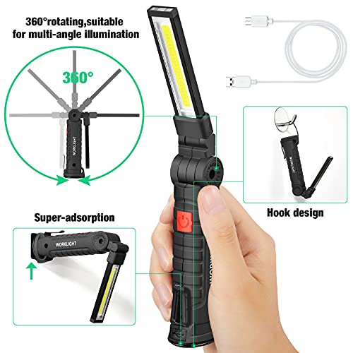 Honoson 4 Pieces LED Work Light Cob Rechargeable Work Flashlight with Magnetic Base, Hanging Hook and 360¡Æ Rotate 5 Modes Portable LED Flashlight for Car Repair, Household and Outdoor(Large)
