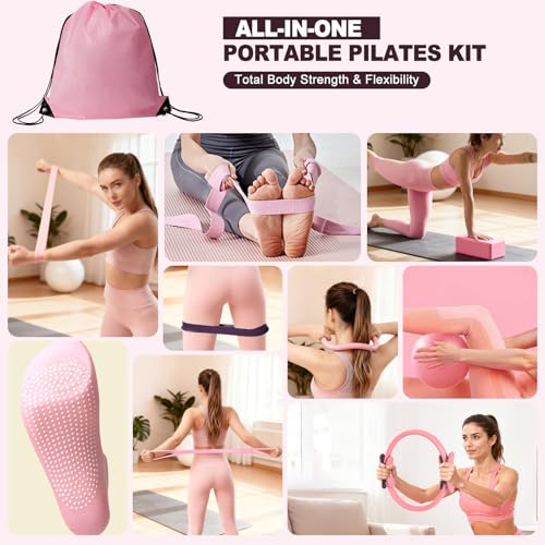 Pilates Kit with Yoga Block & Resistance Bands - Pink