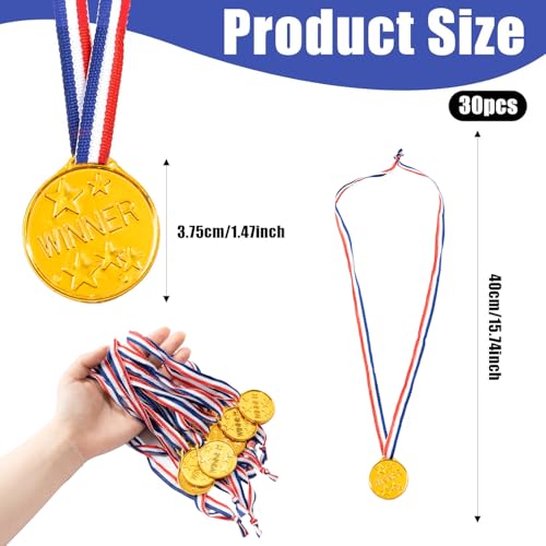 30 Pcs Gold Winner Medals with Ribbon for Sports & Parties
