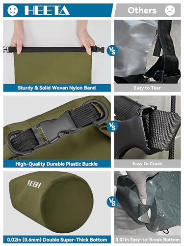 HEETA Waterproof Dry Bag Backpack 5L Dark Green with Emergency Whistle