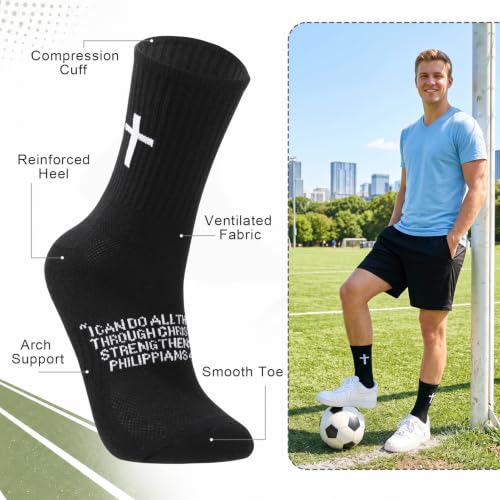 Christian Cross Socks with Bible Verse - Black, 4 Pairs