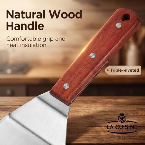 La Cuisine Extra-Wide Stainless Steel Spatula 5x6" with Wooden Handle for BBQ & Griddling