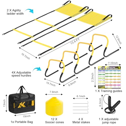 Agility Ladder Training Set - 26 ft with 12 Cones & Hurdles