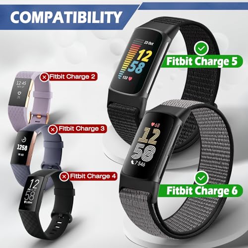 Adjustable Nylon Watch Bands for Fitbit Charge 6/5 - Dark Black, Olive Green, Iron Grey