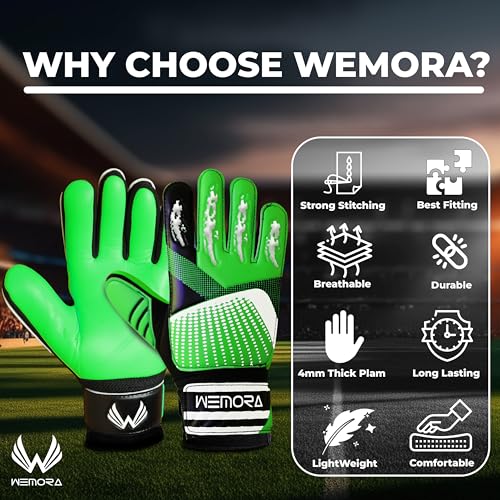 Soccer Goalie Gloves for Kids - 4mm Anti-Slip Grip - Green, Size 3