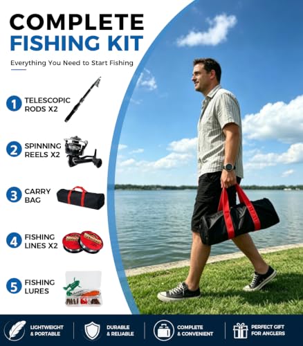 VehiChef 6.9ft Telescopic Fishing Rod & Reels Combo with 2 Silver Reels for Beginners