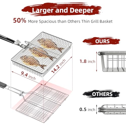 Extra Large Stainless Steel BBQ Grill Basket for Fish Vegetables Shrimp Camping