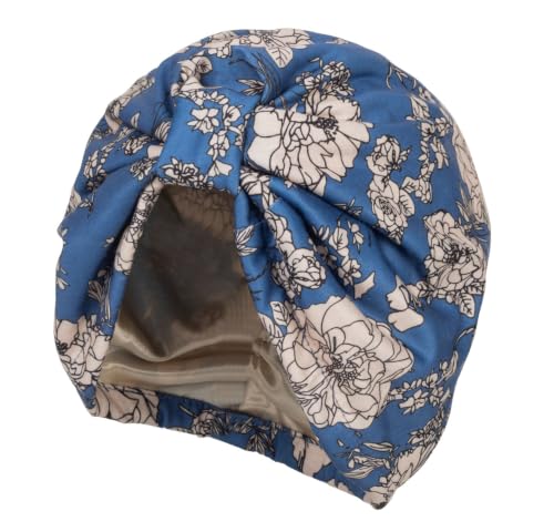Satin Lined Chemo Turban Beanie Head Wrap - Blue & Floral
