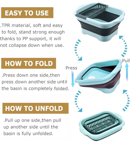 WMKJDS 11L Green Collapsible Dish Basin with Drain Plug - Portable Outdoor Sink