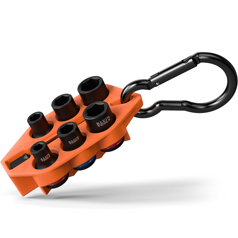 Klein Tools 33808 Grab-And-Go Impact Socket Set, SAE, 7-Piece Set with Sleeve, Carabiner, and 3/8-Inch Drive, Color-Coded 1/4, 5/16, 3/8, 7/16, 1/2, and 9/16-Inch Sockets