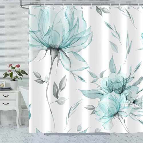 Aeyadis Teal Grey Watercolor Shower Curtain 72x72 in with 12 Hooks, Waterproof Polyester