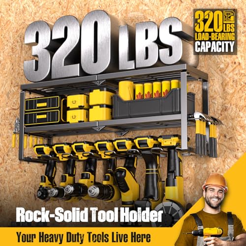 Power Tool Organizer for Tool Storage, Drill Holder Wall Mount with Screwdriver Organizer, Tool Holder for Garage Wall Organization, Heavy Duty Metal Tool Shelf with Battery Holder