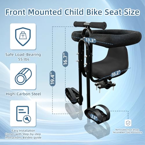 Front Mounted Child Bike Seat - Interactive Toddler Carrier with Guardrail, Adjustable Footrests, Black