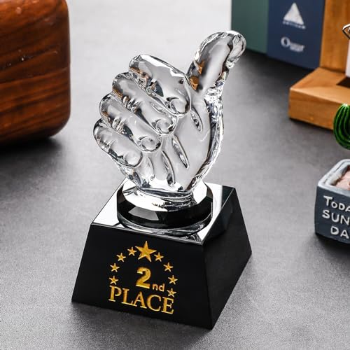 LONGWIN 2nd Place Trophy Set with Glass Thumbs Up Award for Sports & Parties