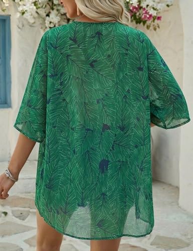 Floral Chiffon Kimono Cardigan - Women's Beach Cover Up - Green, Small