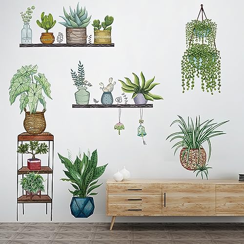 Green Plants Potted Wall Decals Tropical Plants Green Leaves Wall Stickers, DIY Vinyl Nature Wallpaper, for Living Room Background Wall Decoration Kids Bedroom Kitchen Office Girl Room