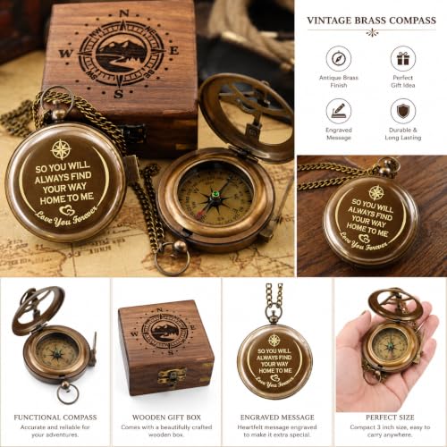 Brass Sundial Compass in Wooden Box with Engraved Message – Romantic Keepsake Gift